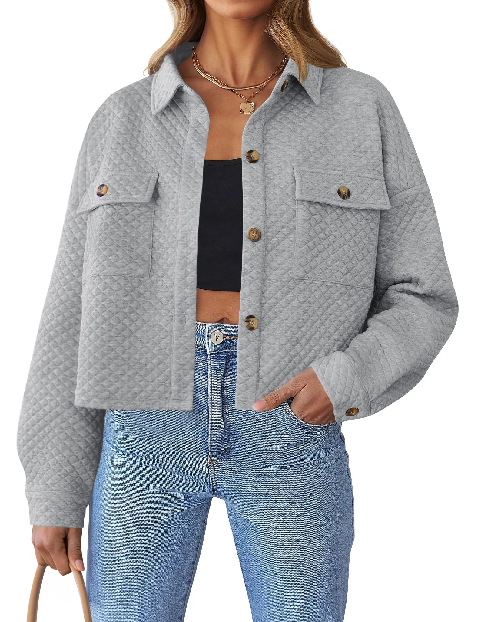 ZESICA Long Sleeve Button Down Lightweight Cropped Shacket