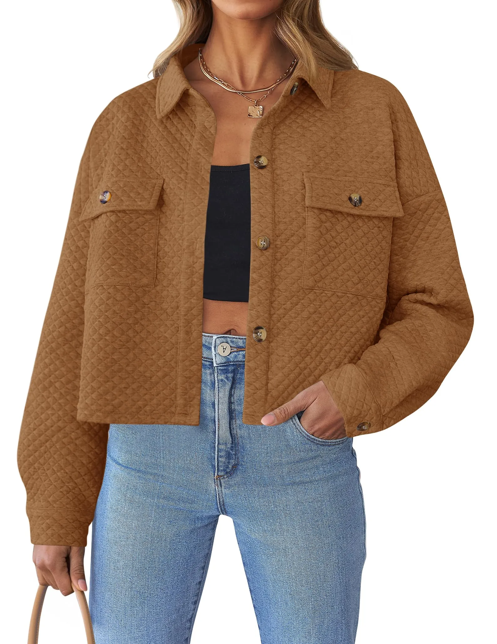 ZESICA Long Sleeve Button Down Lightweight Cropped Shacket